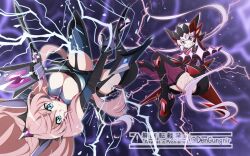  2girls ahoge armor blue_eyes breasts cleavage crossbow grey_hair grin hair_between_eyes highres huge_breasts kanaden large_breasts lightning long_hair maria_cadenzavna_eve multiple_girls pink_hair power_armor power_suit purple_eyes senki_zesshou_symphogear smile symphogear_pendant twintails very_long_hair weapon whip_sword yukine_chris 