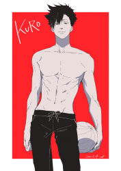  1boy abs ball border character_name closed_mouth collarbone feet_out_of_frame greyscale_with_colored_background haikyuu!! highres holding holding_ball kuroo_tetsurou kurosujuu looking_at_viewer male_focus navel pants pectorals red_background short_hair solo topless_male volleyball white_border 