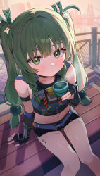  black_choker black_gloves blush braid chain-link_fence choker closed_mouth collarbone commentary_request cup day female fence fingerless_gloves from_above gloves green_eyes green_hair highres holding holding_cup loloco long_hair looking_at_viewer mechanical_legs navel on_bench police police_uniform policewoman qingyi_(zenless_zone_zero) sitting smoke solo tea teacup twin_braids twintails uniform zenless_zone_zero 