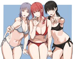  3girls alternate_costume bikini black_bikini braid breasts chainsaw_man claw_pose cleavage collarbone commentary fami_(chainsaw_man) grey_bikini gyaru_v highres looking_at_viewer makima_(chainsaw_man) medium_breasts mole mole_under_eye multiple_girls multiple_moles navel pointing pointing_at_viewer red_bikini ringed_eyes scar scar_on_face shiren_(ourboy83) siblings side-tie_bikini_bottom simple_background sisters small_breasts stomach swimsuit time_paradox two-tone_background v yoru_(chainsaw_man) 