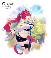  :d aegis_(phantom_of_the_kill) black_shorts black_socks blue_flower cloud flower hair_flower hair_ornament highleg highres long_hair official_alternate_costume official_art one_side_up open_mouth outstretched_arm petals phantom_of_the_kill purple_eyes red_hair shirt short_shorts shorts single_thighhigh sky smile socks thighhighs to_maru very_long_hair white_shirt 