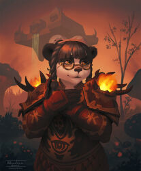  anthro bear blizzard_entertainment braided_hair dead_tree eastern_plaguelands eyewear female giant_panda glasses hair hair_bun hair_buns hi_res magic_user mammal orange_eyes orange_sky pandaren plant shadoca shaman sky solo tree tribal_spellcaster warcraft 