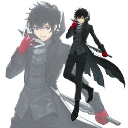  1boy absurdres amamiya_ren black_coat black_footwear black_hair black_pants coat dagger full_body gloves grey_footwear highres holding holding_dagger holding_knife holding_mask holding_weapon knife kotatsumuri_(yaugau) looking_at_viewer male_focus mask pants persona persona_5 red_gloves short_hair weapon white_background 