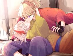  2boys black_gloves blonde_hair blush closed_eyes fingerless_gloves genshin_impact gloves hair_between_eyes highres japanese_clothes kaedehara_kazuha kazuha&#039;s_friend_(genshin_impact) kimono kissing long_hair lying male_focus multicolored_hair multiple_boys ponytail purple_eyes red_hair red_kimono streaked_hair tmktmg_sgm2 white_hair yaoi yellow_kimono 