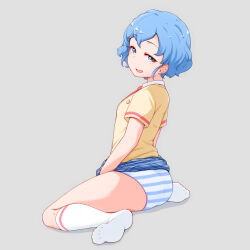  blue_eyes blue_hair blue_skirt clothes_lift dorothy_west female from_behind grey_background looking_at_viewer open_mouth panties pretty_series pripara shirt short_hair short_sleeves simple_background skirt skirt_lift smile socks solo striped_clothes striped_panties underwear white_socks yellow_shirt yonekura_hisaki 