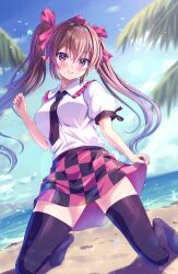  beach black_thighhighs commission female hat highres himekaidou_hatate looking_at_viewer no_shoes plaid_clothes plaid_skirt pointy_ears rouge_(my_rouge) shirt skeb_commission skirt solo thighhighs tokin_hat touhou twintails white_shirt 