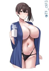  absurdres black_panties blue_shirt blush breasts brown_eyes brown_hair coffee coffee_mug collarbone cowboy_shot cup female highres holding holding_cup kaga_(kancolle) kantai_collection long_hair mug navel no_bra open_clothes open_shirt panties shirt side_ponytail smile tf_cafe twitter_username underwear white_background 