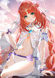  absurdres bikini braid breasts chest_jewel closed_mouth cowboy_shot dress female genshin_impact green_eyes hair_ornament heart heart_hair_ornament highres long_braid long_hair looking_at_viewer maaashuro navel night night_sky nilou_(genshin_impact) open_clothes open_dress orange_hair sky small_breasts smile solo star_(sky) starry_sky stomach swimsuit thighs twin_braids white_bikini white_dress white_veil 