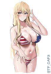  absurdres american_flag american_flag_bikini american_flag_print bikini blonde_hair blue_eyes blush breasts cleavage collarbone female flag_print hair_between_eyes highres iowa_(kancolle) kantai_collection large_breasts long_hair looking_at_viewer navel print_bikini print_swimsuit simple_background smile solo star-shaped_pupils star_(symbol) swimsuit symbol-shaped_pupils tf_cafe twitter_username united_states white_background 