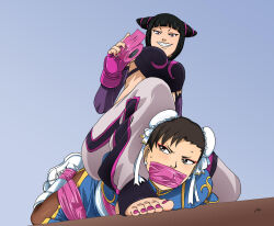  2girls blue_background blue_dress bondage bondage boots bound bound_leg breasts captured chun-li defeat double_bun dress evil_smile femdom gag glaring grin hair_bun highres improvised_gag juri_han kidnapped kidnapping lost_one_zero lying multiple_girls pink_nails smile street_fighter tape tape_bondage tape_gag white_footwear 