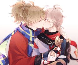  2boys black_gloves blonde_hair fingerless_gloves genshin_impact gloves hair_between_eyes highres japanese_clothes kaedehara_kazuha kazuha&#039;s_friend_(genshin_impact) kissing long_hair long_sleeves male_focus multicolored_hair multiple_boys ponytail red_eyes red_hair simple_background streaked_hair tmktmg_sgm2 white_background white_hair yaoi 