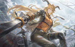  animal_ears arknights armor belt_chain black_gloves black_necktie blonde_hair blood blood_on_clothes breasts closed_mouth degenbrecher_(arknights) female gloves goat_ears goat_girl goat_horns goat_tail green_pants hair_between_eyes helen_zzhao highres holding holding_sword holding_weapon horns jacket large_breasts long_hair long_sleeves looking_at_viewer necktie orange_shirt pants pauldrons shirt shoulder_armor single_pauldron solo sword watermark weapon yellow_eyes 