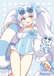  :d animal animal_ears bare_shoulders bear bear_ears blue-framed_eyewear blue_background blue_bow blue_one-piece_swimsuit blush bow brown_eyes commentary_request covered_navel eyewear_on_head female frilled_one-piece_swimsuit frills grey_hair highres holding innertube long_hair long_sleeves looking_at_viewer magical_girl one-piece_swimsuit original polar_bear puffy_long_sleeves puffy_sleeves ryoku_sui signature smile snowflakes solo sunglasses swim_ring swimsuit twintails very_long_hair 