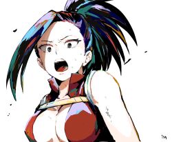  belt black_hair boku_no_hero_academia breasts chest_belt cleavage cleavage_cutout clothing_cutout collared_shirt female large_breasts long_bangs looking_ahead multicolored_eyes open_mouth partially_shaded_face ponytail sanpaku shirt shouting single_bang single_bare_shoulder solo superhero_costume teeth tongue ufkqz upper_body upper_teeth_only white_background yaoyorozu_momo yellow_belt 