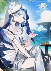  absurdres artist_name blue_hair blue_sky blue_veil blurry blurry_background breasts cleavage commentary crossed_legs day dress female fley-lan food hair_over_one_eye hand_up highres looking_at_viewer medium_breasts medium_hair ocean on_chair purple_eyes see-through see-through_cleavage sidelocks sitting sky solo tacet_mark_(wuthering_waves) the_shorekeeper_(wuthering_waves) two-tone_veil white_dress white_veil wuthering_waves 