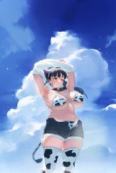  animal_ears animal_print armpits arms_up bell bikini bikini_under_shorts black_hair blue_shorts blue_sky blush breasts breasts_apart clothes_pull cloud commentary cow_ears cow_girl_(riki_unc) cow_print cow_print_bikini cow_print_thighhighs cow_tail denim denim_shorts dot_nose expressionless fake_animal_ears fanged_bangs female half-closed_eye highres large_breasts legs_apart long_hair looking_ahead medium_bangs navel neck_bell negative_space night original outdoors ponytail print_bikini print_thighhighs purple_eyes riki_(riki_unc) shirt shirt_pull short_shorts shorts skindentation sky solo standing straight_hair strap_gap sweat swimsuit symbol-only_commentary tail thick_thighs thighhighs thighs undressing unzipped white_bikini white_shirt 