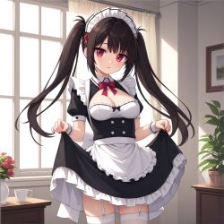  ai-generated black_hair blush bow breasts cleavage cropped_legs dress female frills long_hair looking_at_viewer maid medium_breasts non-web_source red_eyes red_nails servant sidelocks solo thighhighs twintails 