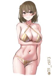  absurdres alternate_costume bikini blush breasts brown_eyes brown_hair collarbone cowboy_shot female hair_between_eyes highres hiryuu_(kancolle) kantai_collection large_breasts looking_at_viewer navel one-hour_drawing_challenge ribbon short_hair side_ponytail simple_background smile solo striped_bikini striped_clothes swimsuit tf_cafe twitter_username white_background yellow_bikini 