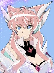  armor bare_shoulders blue_eyes breasts cleavage female flower_(symbol) hair_between_eyes headgear highres huge_breasts large_breasts long_hair maria_cadenzavna_eve pink_hair power_armor power_suit senki_zesshou_symphogear solo symphogear_pendant user_drkm4842 very_long_hair 