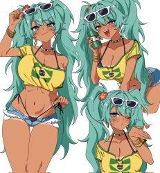  aqua_eyes aqua_hair bead_necklace beads bikini bikini_under_clothes black_bikini blowing_kiss blush bracelet brazilian_flag_print brazilian_miku breasts can cleavage commentary_request cowboy_shot crop_top cropped_legs dark-skinned_female dark_skin denim denim_shorts drink_can earrings exposed_pocket eyewear_on_head female hatsune_miku heart heart-shaped_pupils highres holding holding_can jewelry kayuu_(hikentai0112) large_breasts long_hair looking_at_viewer micro_shorts midriff multiple_views navel necklace off-shoulder_shirt off_shoulder one_eye_closed open_fly open_mouth puckered_lips raised_eyebrow shirt shorts simple_background smile smirk string_bikini sunglasses swimsuit symbol-shaped_pupils tan tanlines twintails very_long_hair vocaloid white_background 