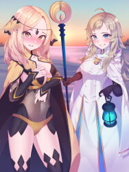  2girls bay_skecth blonde_hair bodystocking breasts circlet commission cosplay costume_switch fire_emblem fire_emblem_fates gloves gold_cape highres jewelry long_hair medium_breasts multiple_girls octopath_traveler ophelia_(fire_emblem) ophelia_(fire_emblem)_(cosplay) ophilia_clement ophilia_clement_(cosplay) panties second-party_source smile staff underwear yellow_panties 