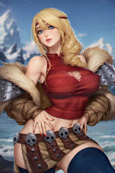  armor astrid_hofferson belt blonde_hair blue_eyes blue_thighhighs blurry blurry_background breasts brown_belt circlet cleavage_cutout clothing_cutout english_commentary female fishnets fur_trim hands_on_own_hips highres how_to_train_your_dragon_(series) how_to_train_your_dragon_2 long_hair midriff navel neoartcore parted_lips patreon_username red_nails red_shirt shirt snow solo spiked_belt thighhighs 