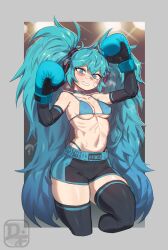  alternate_costume bandaid bandaid_on_face bikini black_shorts black_thighhighs blue_bikini blue_eyes blue_hair boxing_gloves breasts bruise bruised_eye cropped_legs difman english_commentary female hatsune_miku highres injury long_hair looking_at_viewer medium_breasts navel ribs shorts smile standing standing_on_one_leg sweat swimsuit thighhighs twintails very_long_hair vocaloid 