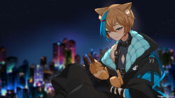  1boy animal animal_ear_fluff animal_ears belt belt_collar black_belt black_gloves black_jacket black_pants blue_eyes blue_hair blurry blurry_background brown_hair cat_boy cat_ears cityscape closed_mouth collar commission diamond_cutout gloves hair_between_eyes highres holding holding_animal indie_virtual_youtuber jacket k_(art71) lupinus_(vtuber) multicolored_hair night night_sky pants shirt short_hair skeb_commission sky sleeveless sleeveless_shirt twitter_username two-tone_hair virtual_youtuber 