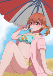  #yukitannpo absurdres aqua_eyes beach_umbrella bikini blue_bikini blue_sky collarbone commentary crossed_bangs feet_out_of_frame female food food_in_mouth hair_ornament hairclip highres hinoshita_kaho hinoshita_kaho_(swimsuit) holding holding_food holding_popsicle jacket jacket_over_swimsuit link!_like!_love_live! love_live! medium_hair mismatched_bikini official_alternate_costume official_alternate_hairstyle open_clothes open_jacket orange_hair pink_jacket popsicle short-sleeved_jacket short_sleeves sitting sky solo swimsuit twintails umbrella virtual_youtuber yellow_bikini 