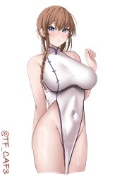  absurdres blush braid braided_ponytail breasts brown_hair china_dress chinese_clothes covered_nipples cowboy_shot cropped_legs dress female grey_eyes hair_ornament hairband highres kantai_collection large_breasts light_brown_hair long_hair looking_at_viewer pelvic_curtain propeller_hair_ornament simple_background solo teruzuki_(kancolle) tf_cafe turtleneck turtleneck_dress twin_braids twitter_username white_background white_dress 