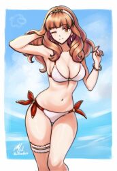  bikini blush breasts celica_(fire_emblem) cleavage cowboy_shot earrings female fire_emblem fire_emblem_echoes:_shadows_of_valentia hairband highres jewelry long_hair looking_at_viewer one_eye_closed orange_eyes orange_hair rotomdocs side-tie_bikini_bottom signature simple_background smile solo swimsuit thigh_strap twitter_username white_hairband 