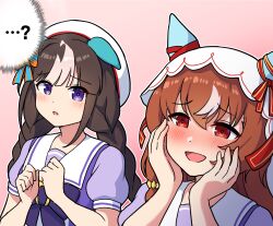  ... 2girls :d ? animal_ears beret blush braid brown_hair commentary_request ear_covers gradient_background hat highres hokko_tarumae_(umamusume) horse_ears horse_girl long_hair multiple_girls open_mouth pink_background purple_eyes red_eyes school_uniform smile still_in_love_(umamusume) takiki tracen_school_uniform twin_braids umamusume white_beret white_hat 