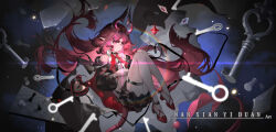  arknights artist_name black_jacket black_skirt blue_background chessboard chinese_commentary commentary_request female full_body gradient_background highres horns jacket key knees_up lens_flare long_hair nanxianyiduan nymph_(arknights) off_shoulder oversized_object pointy_ears red_eyes red_footwear red_hair shirt skirt solo thigh_strap very_long_hair white_shirt 