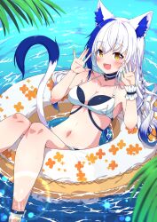  animal_ear_fluff animal_ears aomiya_yozuri bell bikini blue_hair blush braid breasts cat_ears cat_girl cat_tail collar commentary_request female fox_ears hair_between_eyes highres innertube jingle_bell long_hair looking_at_viewer multicolored_hair namikawa_kuroha on_innertube open_hands open_mouth sidelocks single_braid small_breasts solo streaked_hair swim_ring swimsuit tail vee_(vtuber) virtual_youtuber white_bikini white_hair yellow_eyes 