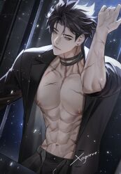  1boy bandaged_neck bandages black_bandages black_hair black_pants black_shirt closed_mouth earrings genshin_impact gi_(xogieve) grey_hair hair_between_eyes jewelry male_focus multicolored_hair muscular muscular_male navel nipples open_clothes open_shirt pants scar scar_on_arm scar_on_chest scar_on_neck scar_on_stomach shirt short_hair solo stomach streaked_hair wriothesley_(genshin_impact) 