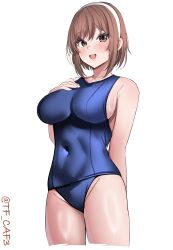  absurdres alternate_costume blue_one-piece_swimsuit blush breasts brown_eyes brown_hair commentary_request cowboy_shot female hair_between_eyes hairband hand_on_own_chest highres kantai_collection large_breasts looking_at_viewer natori_(kancolle) one-hour_drawing_challenge one-piece_swimsuit open_mouth school_swimsuit short_hair simple_background smile solo swimsuit tf_cafe twitter_username white_background 