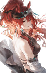  animal_ears arknights bandana bare_back bare_shoulders black_shirt breasts closed_mouth cowboy_shot crop_top crossed_bangs earrings female from_side hair_between_eyes helen_zzhao highres jacket jewelry long_hair looking_at_viewer narantuya_(arknights) off_shoulder ponytail red_eyes red_hair shirt smile solo watermark 