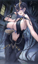  504_gateway absurdres antlers azur_lane blue_eyes breasts cleavage dress female golden_hind_(azur_lane) highres horns huge_breasts long_hair looking_at_viewer mole navel open_mouth reindeer_antlers revealing_clothes smile solo swimsuit tentacle tongue tongue_out very_long_hair 