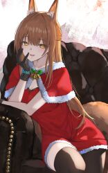  alternate_costume animal_ear_fluff animal_ears arknights black_gloves black_thighhighs brown_eyes brown_hair capelet couch dress female fox_ears fox_girl fox_tail franka_(arknights) fur-trimmed_capelet fur_trim gloves half_updo highres infection_monitor_(arknights) kozeni_isari on_couch open_mouth red_capelet santa_costume santa_dress smile tail thighhighs 