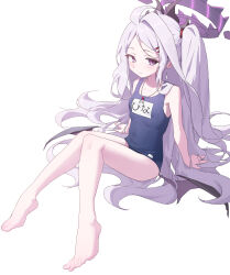  absurdres ahoge alternate_costume arms_behind_back barefoot blue_archive blue_one-piece_swimsuit breasts closed_mouth hair_ornament hairpin halo highres hina_(blue_archive) hwoi_(hw_123) knees_up light_blush long_hair multiple_hairpins one-piece_swimsuit purple_eyes purple_hair purple_halo school_swimsuit simple_background sitting small_breasts smile solo swimsuit twintails whistle whistle_around_neck white_background 