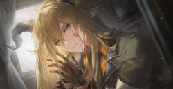  animal_ear_fluff animal_ears arknights black_gloves black_necktie blonde_hair blood_on_gloves collared_shirt degenbrecher_(arknights) female gloves goat_ears goat_girl goat_horns hair_between_eyes helen_zzhao highres horns indoors jacket long_hair long_sleeves looking_at_viewer medal necktie orange_shirt shirt solo upper_body watermark yellow_eyes 