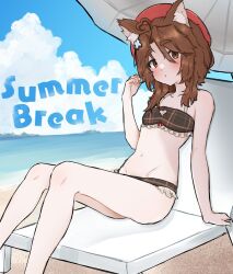  :o ahoge animal_ear_fluff animal_ears arm_support arm_up beach beach_chair beach_umbrella beret bikini blush brown_eyes brown_hair cat_ears cat_girl cloud cross_hair_ornament female groin hair_between_eyes hair_ornament hat highres indie_virtual_youtuber looking_at_viewer miaelou_(artist) navel noiriririri ocean plaid_bikini plaid_clothes short_hair sidelocks sitting swept_bangs swimsuit umbrella virtual_youtuber 