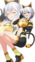  30_minutes_sisters black_bodysuit black_footwear black_gloves blue_eyes blush bodysuit breasts commentary_request elbow_gloves female full_body gloves grey_hair hair_between_eyes highres looking_at_viewer masaki_shino mechanical_tail medium_bangs medium_breasts navel open_bodysuit open_clothes open_mouth rishetta_(30ms) shoes short_hair simple_background socks solo tail v white_background yellow_socks zoom_layer 