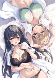  2girls arms_up black_bra black_hair black_panties blonde_hair blush bra breasts brown_eyes cleavage collarbone commentary_request from_above green_bra green_eyes green_panties hair_ornament hairclip highres large_breasts long_hair looking_at_viewer lying medium_breasts medium_hair multiple_girls navel on_back on_bed open_clothes open_mouth open_shirt original panties sena_chifuyu shirt smile underwear white_shirt 