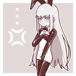  alternate_costume anger_vein animal_ears blush bow bowtie closed_mouth collar covering_breasts covering_crotch covering_privates cowboy_shot cropped_jacket female gendouki girls&#039;_frontline highres long_hair looking_at_viewer meme_attire monochrome navel rabbit_ears reverse_bunnysuit reverse_outfit shrug_(clothing) sidelocks solo thighhighs type_80_(girls&#039;_frontline) 