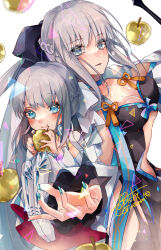  2girls age_comparison aged_down apple artist_name black_bow blue_eyeliner blue_eyes blue_lips blue_nails bow braid breasts cleavage closed_mouth commentary_request cowboy_shot dual_persona eyeliner fate/grand_order fate_(series) fingernails food fruit golden_apple grey_hair hairbow highres holding holding_food holding_fruit light_smile long_fingernails long_hair looking_at_viewer makeup morgan_le_fay_(fate) multiple_girls nail_polish parted_lips ponytail sidelocks signature togashi_(choco-bakama_kitchen) twitter_username very_long_hair 