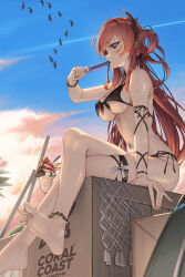  arknights bare_shoulders barefoot bikini black_bikini blue_sky bowlp breasts cleavage commentary demon_horns female food foot_out_of_frame hair_ornament hair_rings highres holding holding_food holding_ice_cream horns ice_cream long_hair nail_polish navel official_alternate_costume outdoors purple_eyes red_hair sitting sky solo star_(symbol) star_hair_ornament surtr_(arknights) surtr_(colorful_wonderland)_(arknights) swimsuit thigh_strap wet 