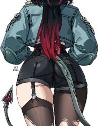  ass ass_focus black_hair female from_behind highres jacket jane_doe_(zenless_zone_zero) leopxl long_hair mouse_girl multicolored_hair pantyhose pixel_art red_hair short_shorts shorts simple_background solo tail thick_thighs thighhighs thighs torn_clothes torn_pantyhose underbutt zenless_zone_zero 