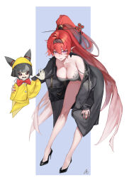  absurdres bare_shoulders black_cloak black_hair black_hairband blue_pupils breasts circle_facial_mark cloak earrings facial_mark female hair_ornament hairband hairpin high_ponytail highres jewelry large_breasts long_hair looking_at_viewer mark_under_both_eyes pointy_ears puka purple_eyes red_hair single_earring standing very_long_hair wuthering_waves yinlin_(wuthering_waves) zapstring_(wuthering_waves) 