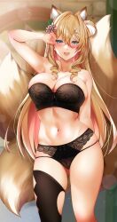  animal_ears black_bra black_panties black_thighhighs blonde_hair blue_eyes blush bra braid breasts cleavage collarbone colored_inner_hair female flower hair_between_eyes hair_flower hair_ornament highres indie_virtual_youtuber koromo_naruru large_breasts midriff multicolored_hair navel open_mouth panties pink_hair single_thighhigh solo strapless strapless_bra thighhighs underwear uzura_kazuhisa virtual_youtuber white_hair 